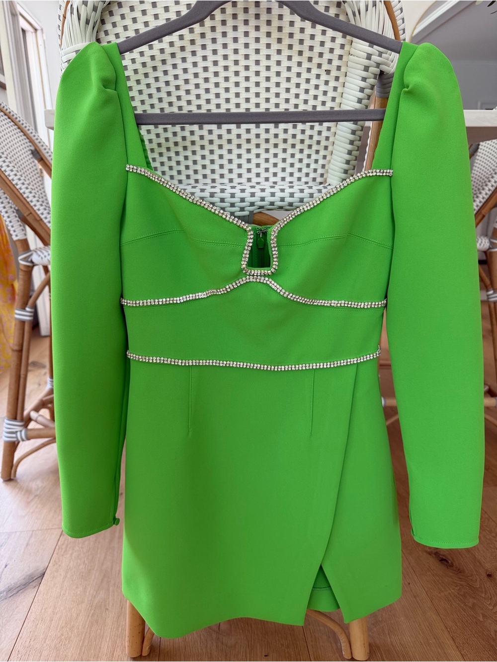 Self-Portrait Neon Green Rhinestone-Trim Long Sleeve Mini Dress